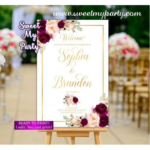 Burgundy Wedding Welcome Sign,Floral Wedding Welcome sign,(61dw)